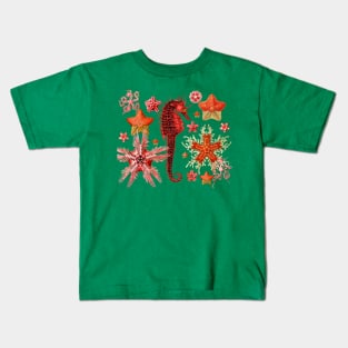 RED SEAHORSE AND SEASTARS IN TURQUOISE BLUE GREEN Sea Life Kids T-Shirt